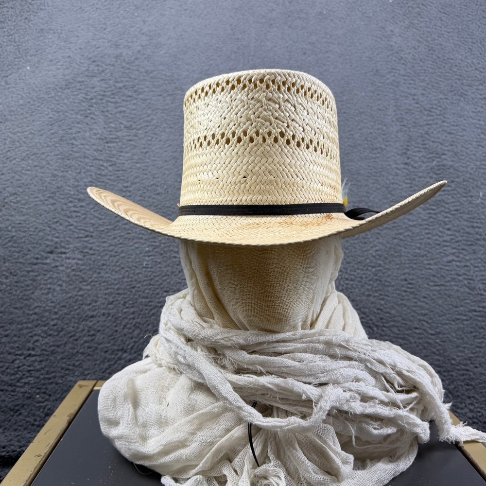 Bailey U-Rollit Straw Cowboy Hat Cactus Jack's of Laramie Size 7 Tan Feather